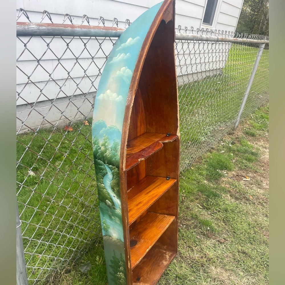 52” H Vintage Water Falls Forest Hand Painted Nautical Boat Shelf Stand